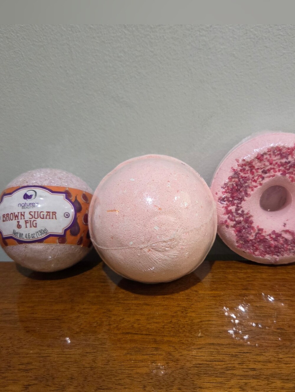 3 Wrapped Never Opened Bath Bombs. 1 Brown Sugar & Fig, 1 Unlabeled, 1 Donut